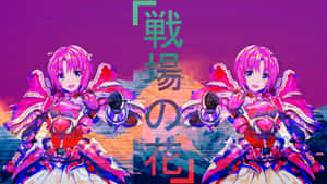 兩個穿著粉紅色盔甲的動漫戰士，帶有故障效果和日文字幕。 — 深紫色美學 GIF 壁紙