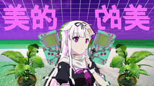 動漫女孩在紫色網格天空下拿著Game Boy和盆栽植物。