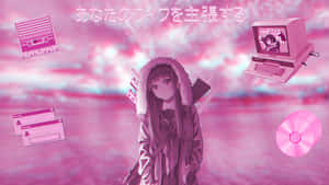 動漫女孩穿著連帽衫，被粉紅色數位天空中的復古科技包圍。