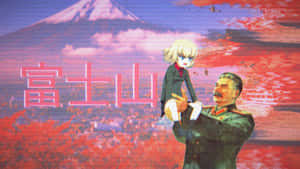 動漫女孩和蘇聯將軍在像素化數位藝術中，背景為富士山。