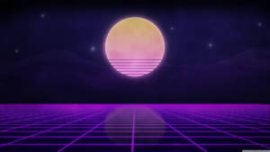 星空夜空下，發光的粉紅色太陽下的紫色網格地板。