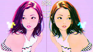 兩個動漫女孩，帶有故障效果和霓虹髮絲，以數碼藝術風格呈現。
