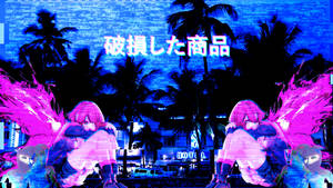 兩個粉紅色頭髮和翅膀的動漫女孩在一個故障熱帶夜景中。 — 粉紅動漫美學 壁紙