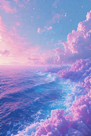 粉紅雲朵漂浮在藍色海洋上空，星空下 — 薰衣草 壁紙