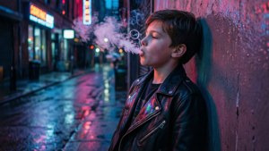 一個穿著皮夾克的男孩靠在濕牆上，在霓虹燈閃爍的雨街上呼出煙霧。