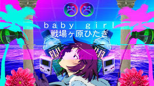 紫發動漫女孩在霓虹海洋場景中被故障的棕櫚樹和水瓶包圍。