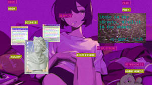 動漫女孩吸煙，周圍漂浮著絕望和痛苦等詞語，在帶有故障效果的紫色數位場景中。
