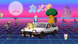 一輛白色AE86車載著海綿寶寶，穿過帶有動漫角色和流行文化圖標的霓虹網格。 — Meme 表情 壁紙
