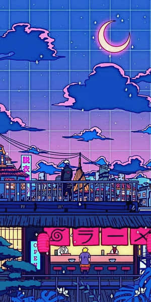 夜晚的動畫風格屋頂酒吧，帶有新月和粉紅雲朵。 — 火影忍者 壁紙