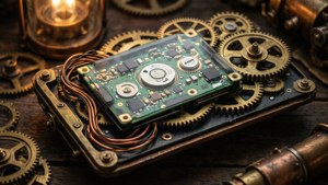 特寫鏡頭：電路板在燭光下被黃銅齒輪和銅線環繞，置於木頭上。