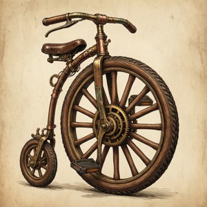 蒸氣龐克風格的 penny-farthing 自行車，帶有黃銅齒輪和木輪，置於羊皮紙上。