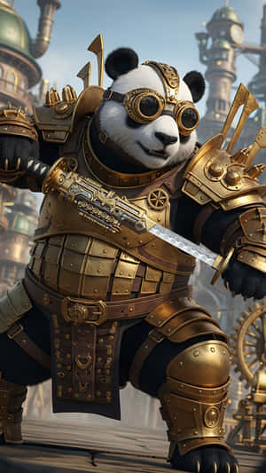 熊貓戰士穿著金色蒸氣龐克盔甲，在機械城市中持劍 — 1440x2560 壁紙
