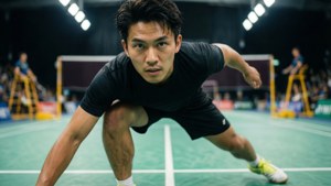 身穿黑色裝備的羽毛球選手在室內比賽中撲向綠色球場。