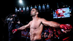 MMA拳手在擂台上張開雙臂慶祝勝利。