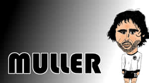 名叫 Muller 的卡通足球員，身穿白色球衣和黑色短褲。
