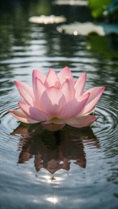一朵粉紅蓮花漂浮在水面上，可見其倒影和陽光眩光。