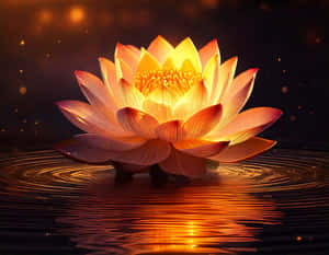 一朵發光的金色蓮花漂浮在黑暗的水面上，帶有漣漪和漂浮的粒子。 — 8K 壁紙