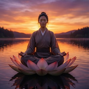 女性在湖上日落時分於蓮花上冥想。
