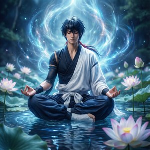 動漫戰士在水中冥想，伴有發光蓮花和藍色能量光環