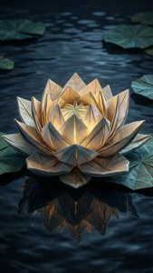 發光的摺紙蓮花漂浮在黑暗的水面上，帶有綠色睡蓮葉和倒影。