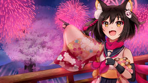 有狐狸耳朵的動漫女孩穿著和服，在夜櫻下指著煙火。