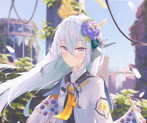 動漫女孩，銀色頭髮，紫色花朵，在花園環境中。 — 可愛動漫女仔 壁紙