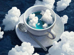 一杯充滿雲朵的藍色液體，旁邊有一隻湯匙，漂浮在水面上。 — 藍天 壁紙