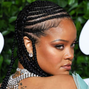 Rihanna 佩戴華麗鑽石首飾，辮子頭髮和星星紋身。