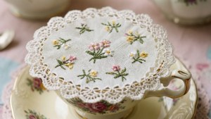 復古茶杯，帶有蕾絲和花卉刺繡，放在花卉茶托上。