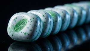 反光黑色表面上一排帶有葉子印花的薄荷糖