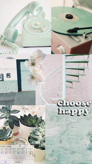 粉彩拼貼 電話 黑膠唱片 樓梯 花 多肉植物 地圖 choose happy 文字 — 肖像 壁紙