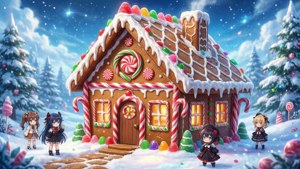 動漫女孩們聚集在一個巨大的糖果主題薑餅屋周圍，背景是雪白的冬日場景。
