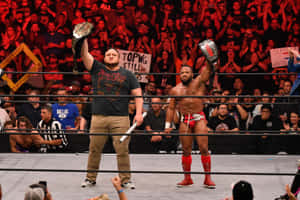 兩名摔角手在擂台上高舉冠軍腰帶，周圍有歡呼的人群。 — 摔角 GIF 壁紙
