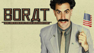 身穿西裝的男人在米色背景上手持小型美國國旗，帶有「BORAT」文字。 — 火影忍者海報 壁紙