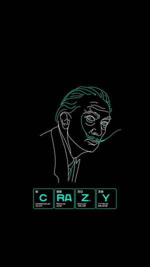 霓虹線條畫，描繪一名男子，用原子符號拼出'crazy'。