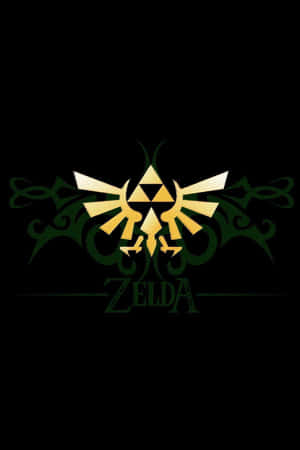金色三角力量標誌，帶有綠色裝飾元素，Zelda 文字位於黑色背景上。