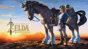 Link 和他的馬站在日落田野中，手持劍，Zelda 遊戲標誌清晰可見。