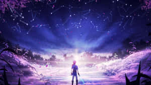 動漫角色站在發光的田野中，星空下有星座。