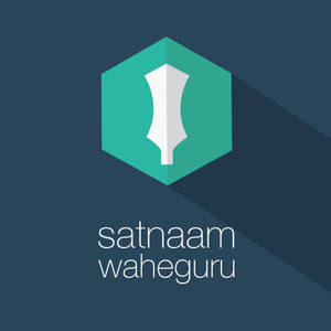 深藍色背景上帶有白色kirpan和文字satnaam waheguru的青綠色六邊形標誌。