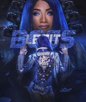 一位藍髮、眼睛發光的女性身穿閃亮的藍色服裝，背後寫著「the legit boss」。