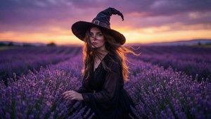 一位戴著黑色帽子的女巫站在夕陽下的薰衣草田中。 — 女巫風格 壁紙
