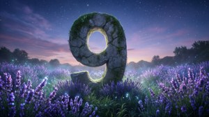 薰衣草田中發光的巨大石頭數字九，暮色時分。
