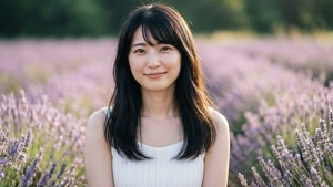 年輕女性在晴朗日子裏於薰衣草田中微笑。