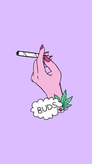 粉紅指甲的手在薰衣草背景上拿著帶有「BUDS」雲和葉子圖形的大麻煙。 — 閨密 壁紙