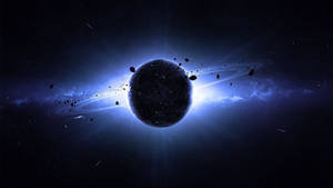 深空中一顆黑暗的行星，帶有發光的藍色環和漂浮的小行星。
