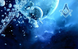 冰冷的隕石在星空中帶有發光共濟會符號的藍色行星附近漂浮。 — 藍天 壁紙