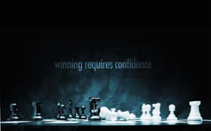 國際象棋棋子，文字 winning requires confidence，藍色迷霧背景
