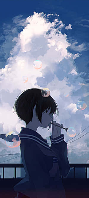 動漫女孩在多雲的天空下吹泡泡
