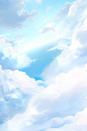 鳥兒在柔和藍雲間飛翔，天空寧靜。