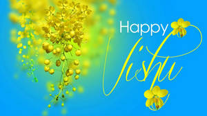 Happy Vishu 祝福，配黃色花朵和藍色背景